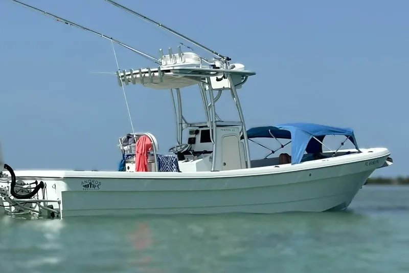 Slide: The Image of 2014 Andros Tarpon 26 boat with blue canopy on calm water. - 2