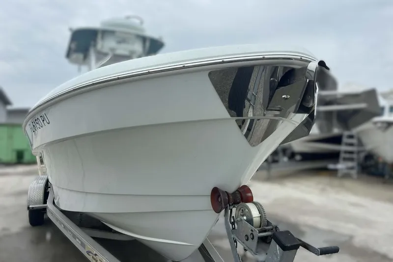 Slide: The Image of 2014 Andros Tarpon 26 boat on trailer, close-up view of bow and winch. - 6