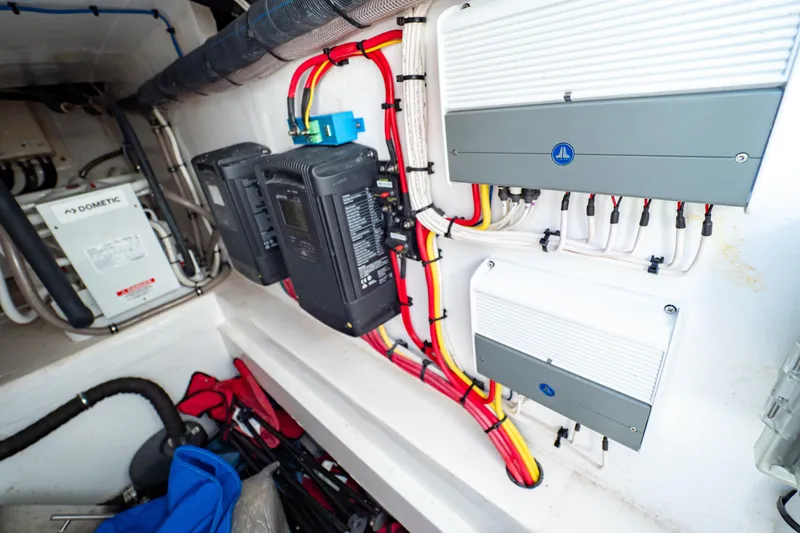 Slide: The Image of Electrical system of a 2018 Intrepid 475 Sport Yacht, showcasing wiring and components. - 67