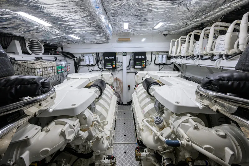 Slide: The Image of Engine room of a 2020 Princess F70 yacht, featuring dual MAN engines. - 70