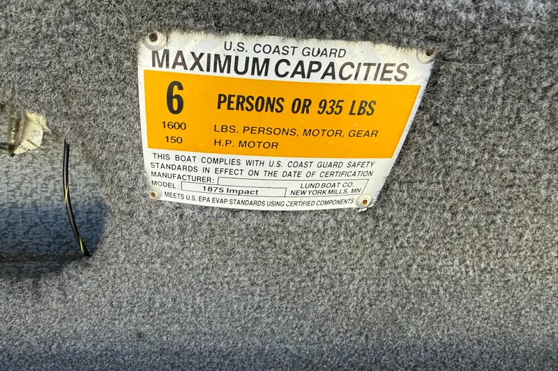 Slide: The Image of 2014 Lund 1875 Impact SS capacity label, 6 persons or 935 lbs, U.S. Coast Guard compliant. - 22
