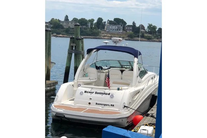 Slide: The Image of 2008 Sea Ray 340 Sundancer docked, featuring "Never Satisfied" name, Danversport, MA. - 6
