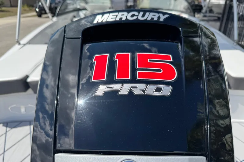 Slide: The Image of Mercury 115 Pro engine on 2024 Tahoe 185 S boat, close-up view. - 14