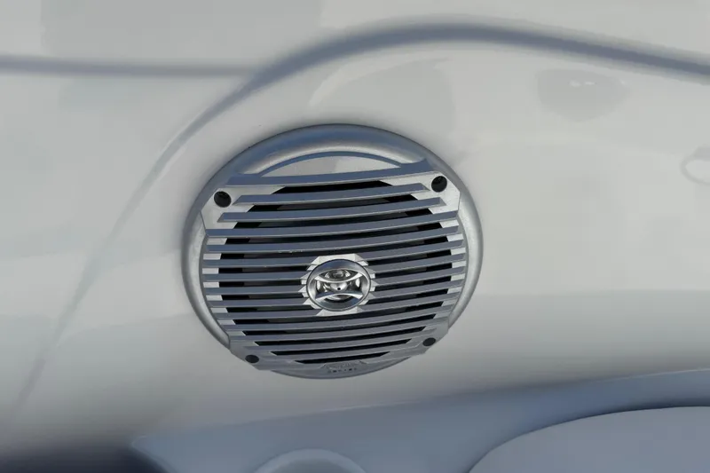 Slide: The Image of 2024 Tahoe 185 S boat speaker, silver grille, mounted on white surface. - 58