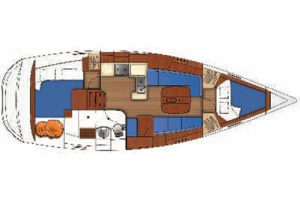 Slide: The Image of 2006 Beneteau 373 yacht bathroom with shower, sink, and wooden seat. - 8