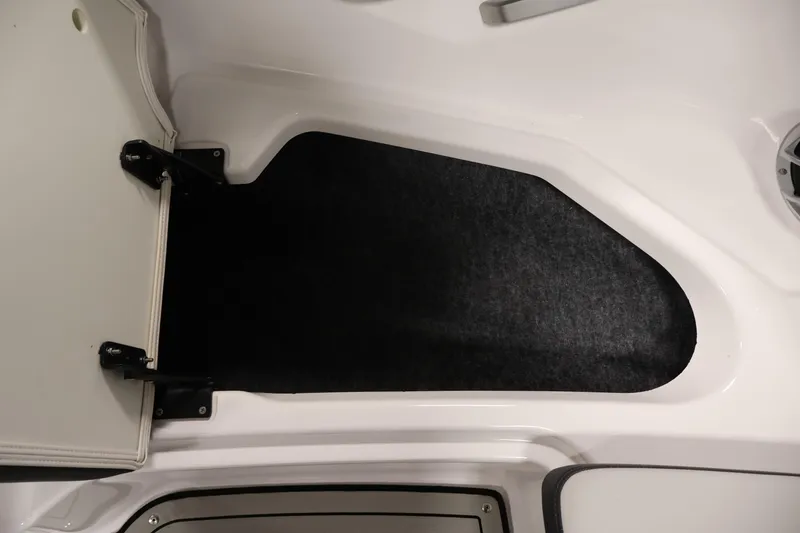Slide: The Image of Interior storage compartment of a 2020 Yamaha Boats 195S, featuring a black carpeted surface. - 14