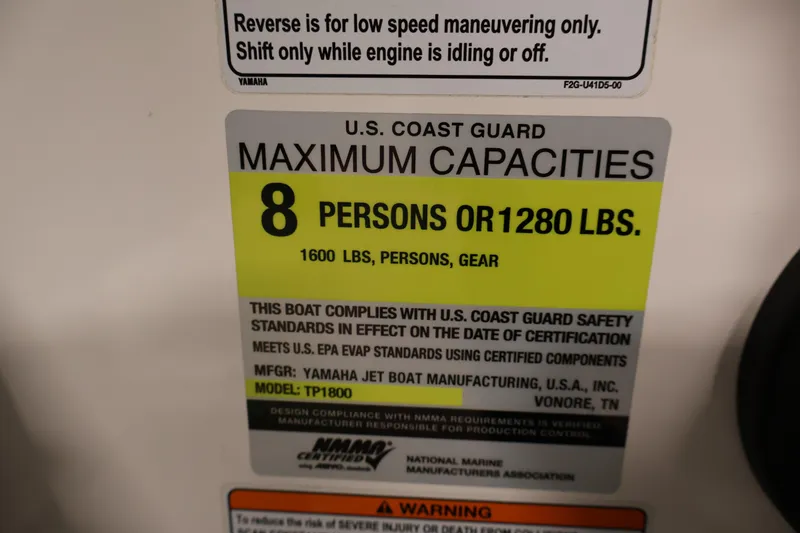 Slide: The Image of 2020 Yamaha Boats 195S capacity label: 8 persons or 1280 lbs, U.S. Coast Guard compliant. - 27