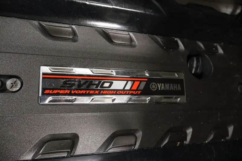 Slide: The Image of Close-up of 2020 Yamaha Boats 195S engine with Super Vortex High Output label. - 39