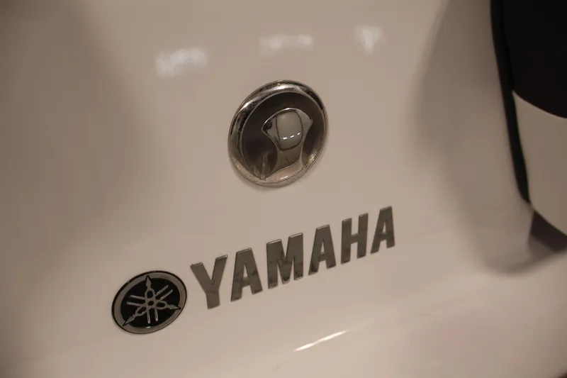 Slide: The Image of Close-up of 2020 Yamaha Boats 195S logo and emblem on white surface. - 42