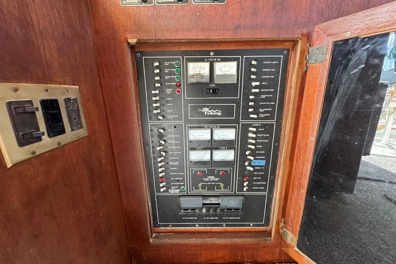 Slide: The Image of Electrical panel of a 1988 Viking 41 Convertible boat, featuring various switches and meters. - 22
