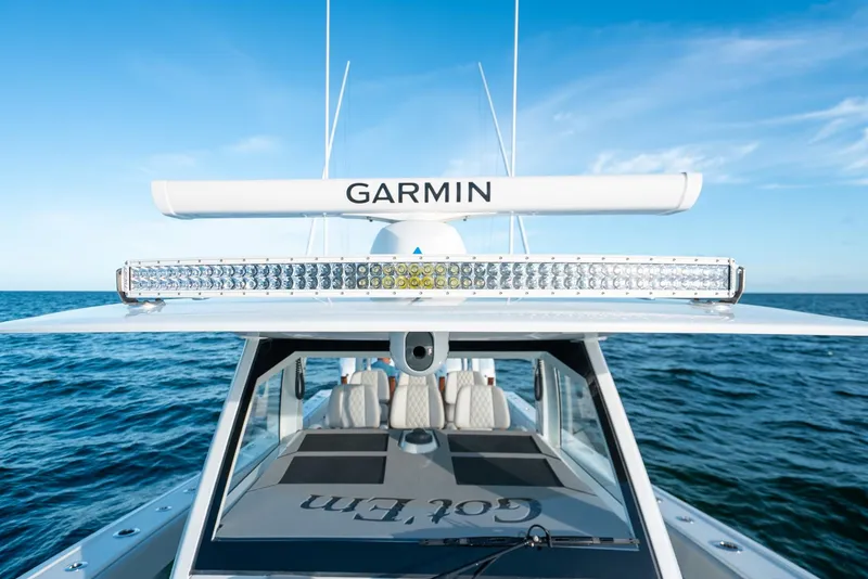 Slide: The Image of 2023 Freeman 43 boat with Garmin radar and LED light bar on open sea. - 41
