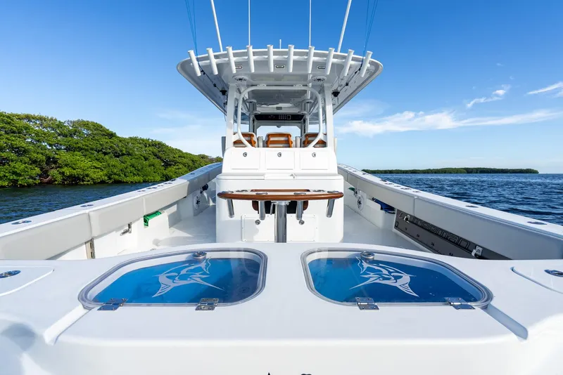 Slide: The Image of 2023 Freeman 43 boat on water, featuring spacious deck and modern design. - 45