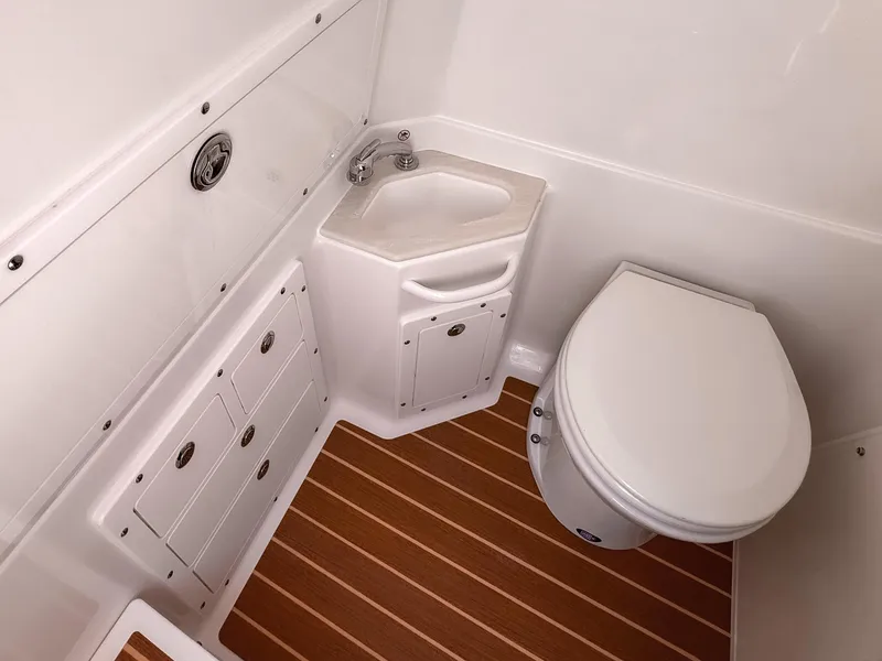 Slide: The Image of 2025 Edgewater 325CC boat bathroom with compact sink, toilet, and wood-patterned flooring. - 11