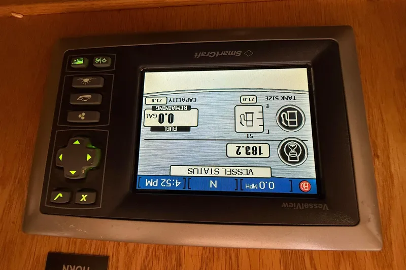 Slide: The Image of Eco-Trawler 33 vessel status display showing fuel and navigation data, 2013 model. - 23