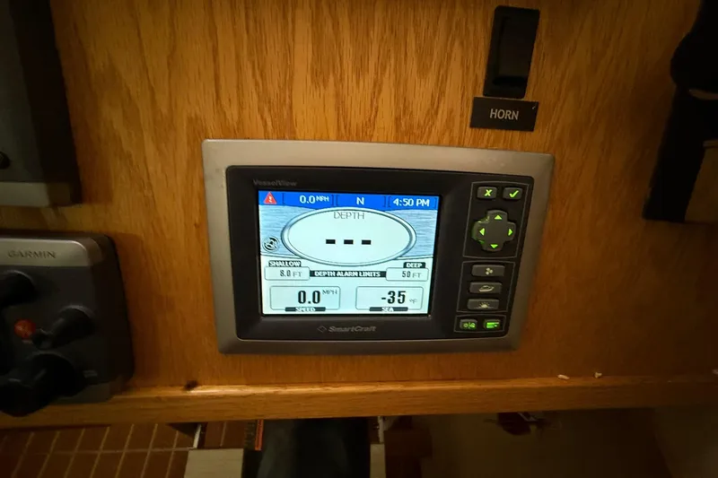 Slide: The Image of Control panel of a 2013 Eco-Trawler 33 displaying navigation and depth information. - 25