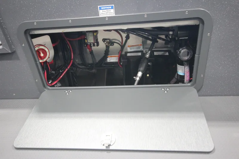 Slide: The Image of 2026 Weldcraft 240 Ocean King F300XCB engine compartment with wiring and components visible. - 14