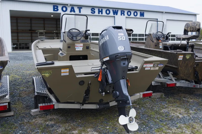 Slide: The Image of 2026 G3 Gator Tough 17 CC boat with Yamaha 50 engine in showroom. - 3