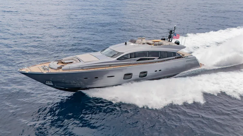 The Image of 2021 Pershing 108 yacht cruising on open water, showcasing sleek design and luxury features. - 0
