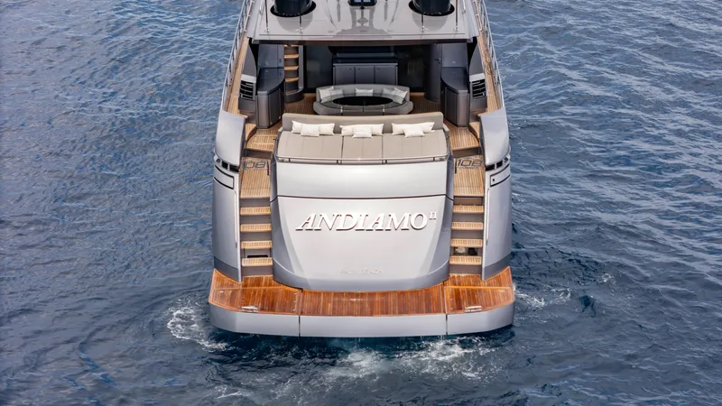 Slide: The Image of Rear view of 2021 Pershing 108 yacht on open water. - 11