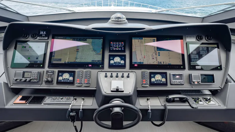 Slide: The Image of Control panel of a 2021 Pershing 108 yacht with advanced navigation screens and instruments. - 2