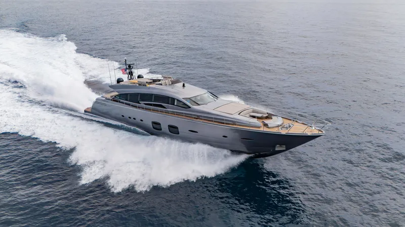 Slide: The Image of Luxury Pershing 108 yacht cruising on open sea, 2021 model. - 31