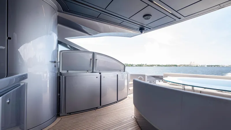Slide: The Image of Luxurious 2021 Pershing 108 yacht deck with modern design and ocean view. - 37