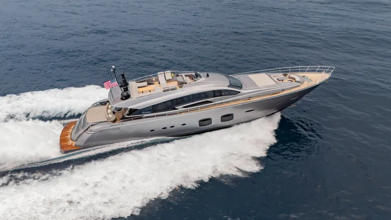 Slide: The Image of Luxurious 2021 Pershing 108 yacht cruising on open sea, showcasing sleek design and elegance. - 6