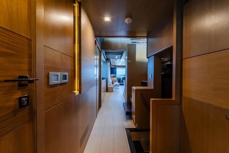 Slide: The Image of Luxurious yacht interior hallway with wooden paneling, Custom Line 100, 2012 model. - 35