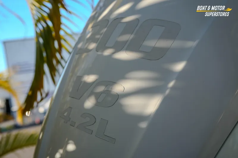 Slide: The Image of 2022 Key West 239 DFS boat engine, V6 4.2L, with palm shadows. - 15
