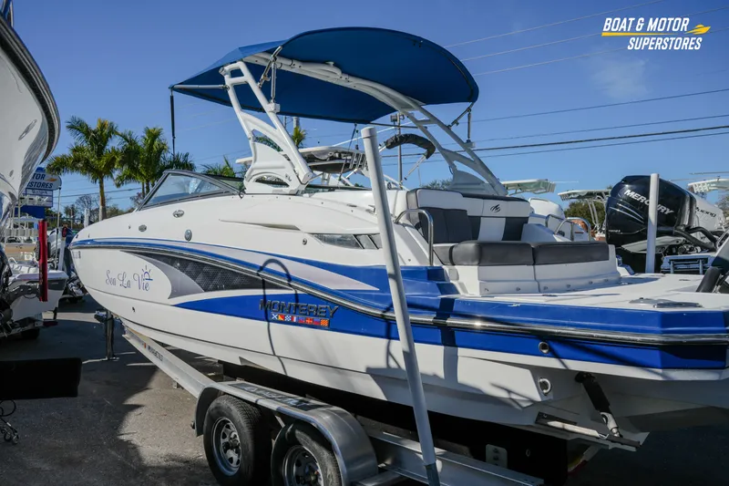 Slide: The Image of 2020 Monterey M-65 boat with blue accents on a trailer at a dealership. - 6