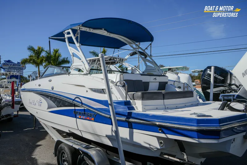 Slide: The Image of 2020 Monterey M-65 boat with blue accents at a dealership, featuring a sleek design and canopy. - 7