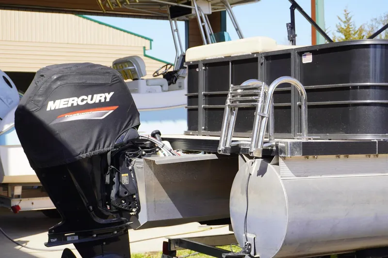 Slide: The Image of 2021 Massimo Marine P23 MAX LIMITED pontoon boat with Mercury outboard motor. - 2