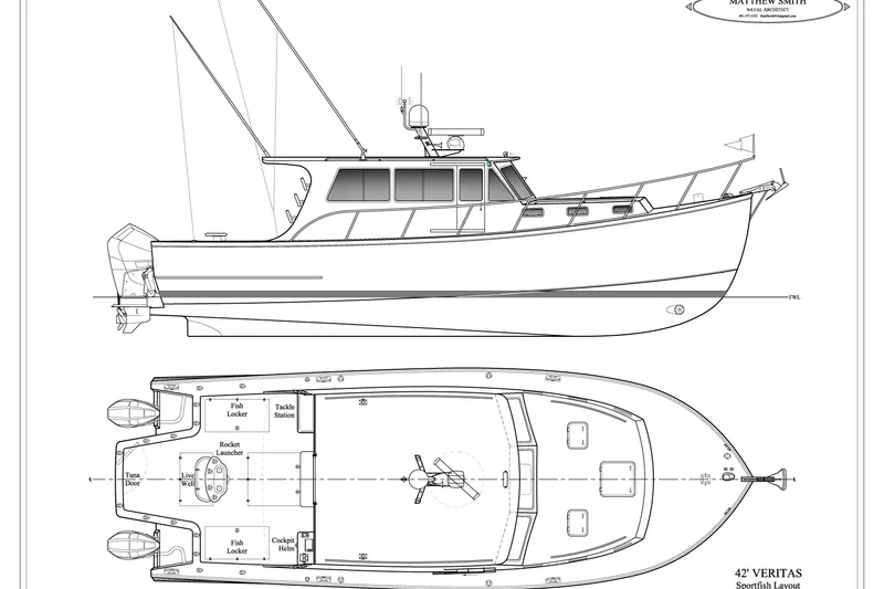 Slide: The Image of Blueprint of 2016 Wesmac 42 boat, side and top views, labeled compartments. - 64