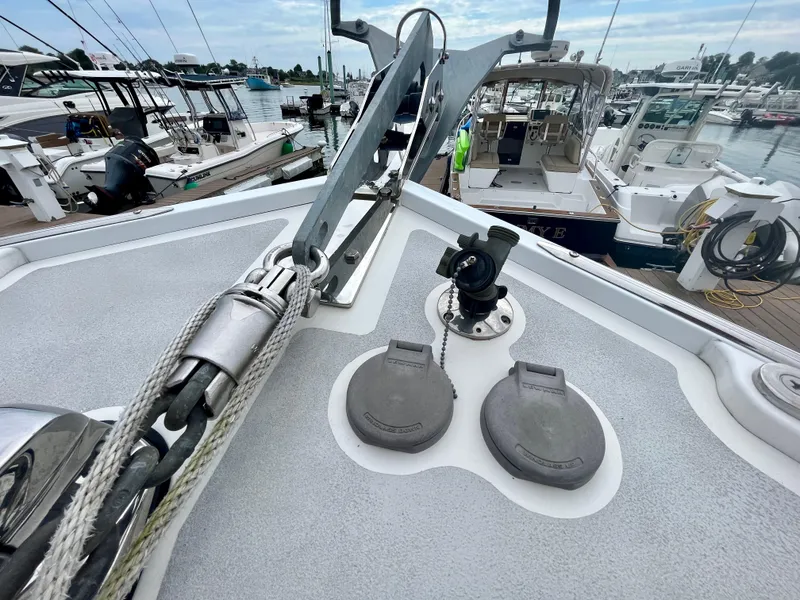Slide: The Image of Wesmac 42 boat deck with anchor system, docked at marina, 2016 model. - 18