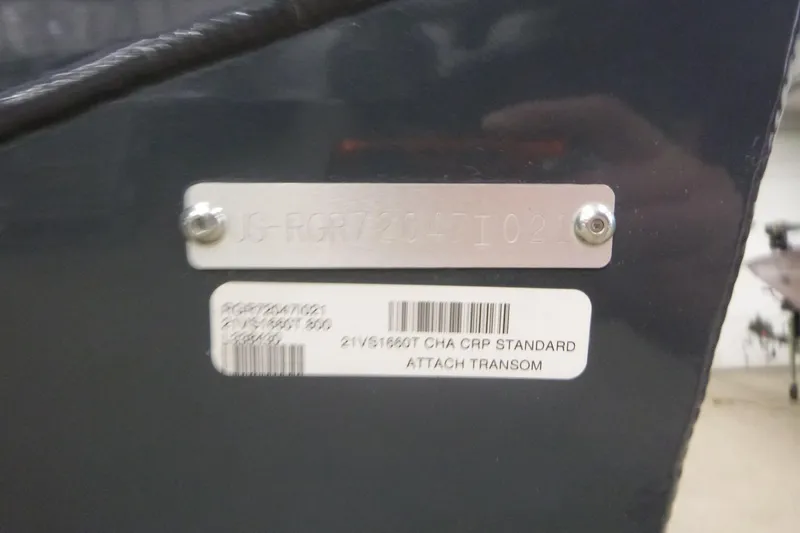 Slide: The Image of 2021 Ranger VS1660 T boat transom with identification plate and barcode. - 10