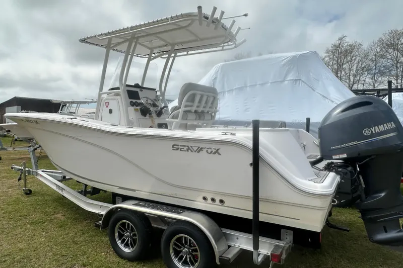 Slide: The Image of 2023 Sea Fox 228 Commander boat on trailer with Yamaha outboard motor. - 31