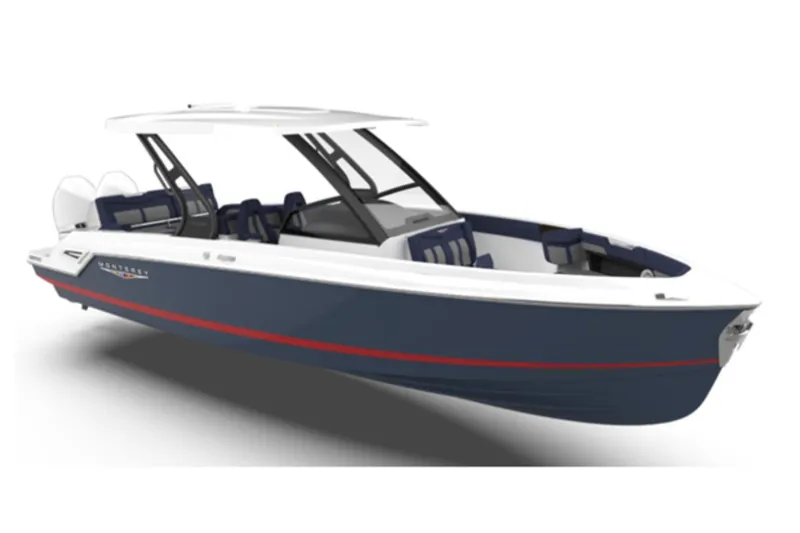 The Image of 2026 Monterey Elite 30 OB boat, sleek design, blue hull, red stripe, modern interior. - 0
