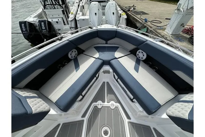 Slide: The Image of Luxurious seating on 2026 Monterey Elite 30 OB boat, featuring sleek design and modern amenities. - 7