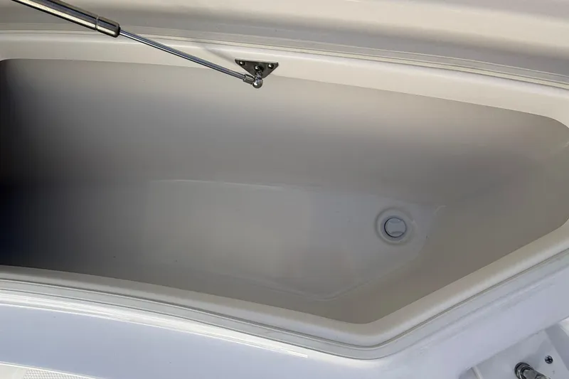 Slide: The Image of 2024 Robalo R230 Center Console storage compartment, open with hydraulic support. - 65