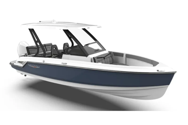 The Image of 2026 Monterey Elite 25 OB boat, sleek design, blue and white color scheme. - 0