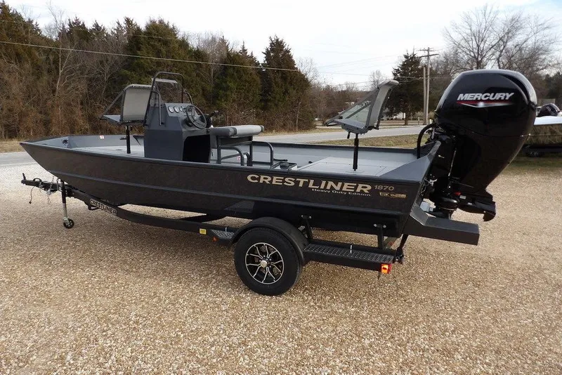Slide: The Image of 2026 Crestliner 1870 Retriever FCC boat with Mercury engine on a trailer. - 6