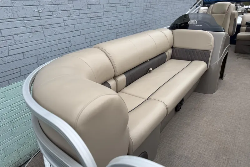 Slide: The Image of 2020 Sun Tracker Party Barge 20 DLX with beige seating and modern design. - 5