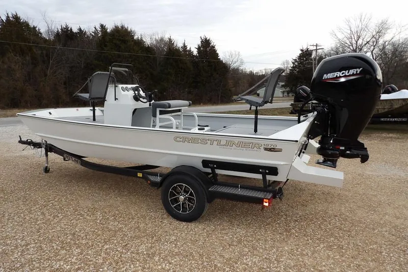Slide: The Image of 2026 Crestliner 1870 Retriever FCC boat on trailer with Mercury outboard motor. - 4