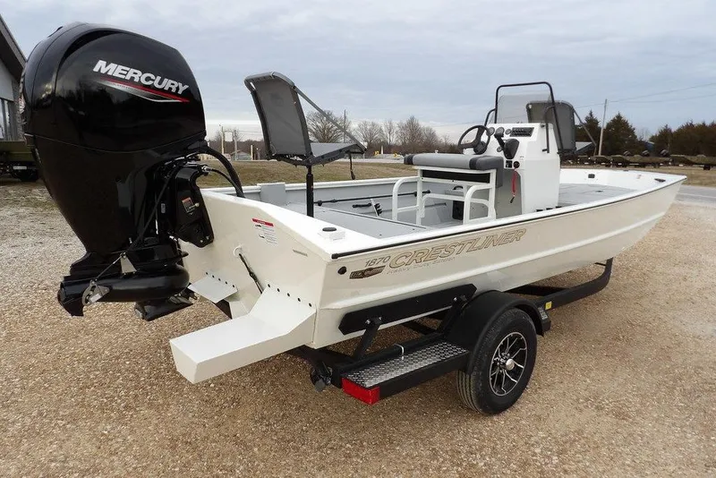 Slide: The Image of 2026 Crestliner 1870 Retriever FCC boat with Mercury engine on trailer. - 8