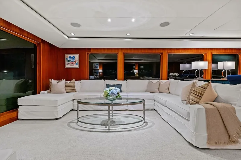 Slide: The Image of Luxurious interior of 1998 Burger Raised Pilothouse yacht with elegant white sectional sofa. - 2