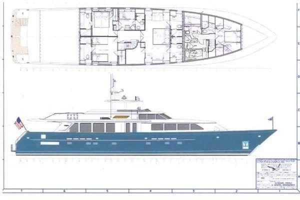 Slide: The Image of Blueprint of a 1998 Burger Raised Pilothouse yacht, showcasing layout and design details. - 55