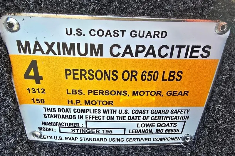 Slide: The Image of U.S. Coast Guard capacity plate for Lowe Stinger 195 Bass, 2026 model, 4 persons or 650 lbs. - 10