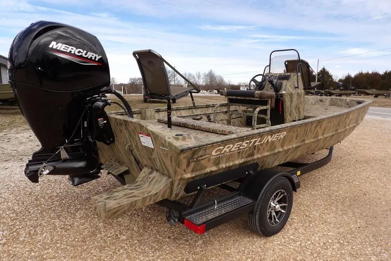 Slide: The Image of 2026 Crestliner 1870 Retriever FCC boat with Mercury engine on a trailer. - 10