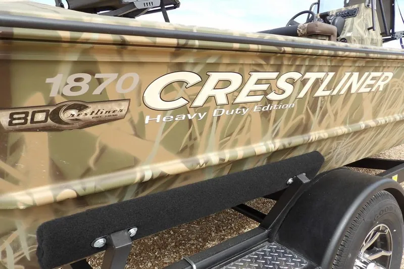 Slide: The Image of 2026 Crestliner 1870 Retriever FCC boat with camo design, heavy-duty edition. - 32