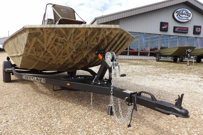 Slide: The Image of 2026 Crestliner 1870 Retriever FCC boat on trailer at marine center. - 35
